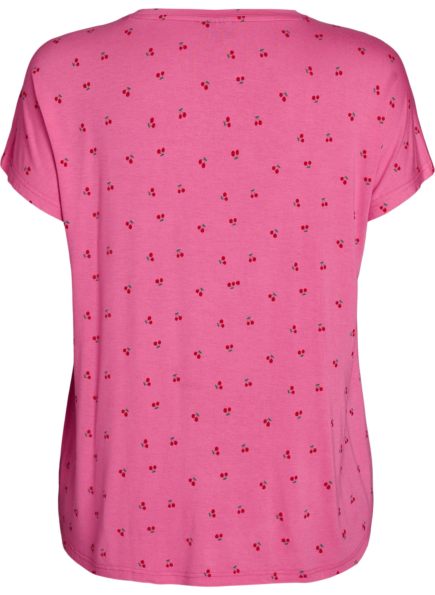 Zizzi Pyjamas T-skjorte i viskose med heldekkende trykk, Rosa, Packshot image number 1