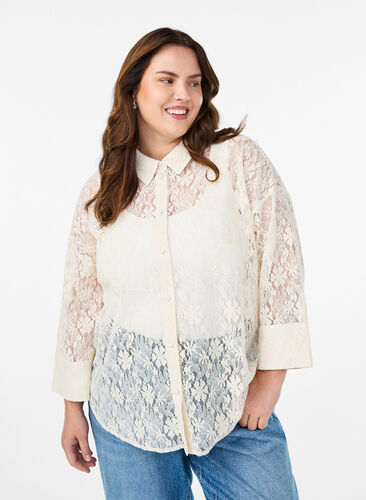Zizzi Blondeskjorte med 3/4 ermer, Vanilje, Model image number 0