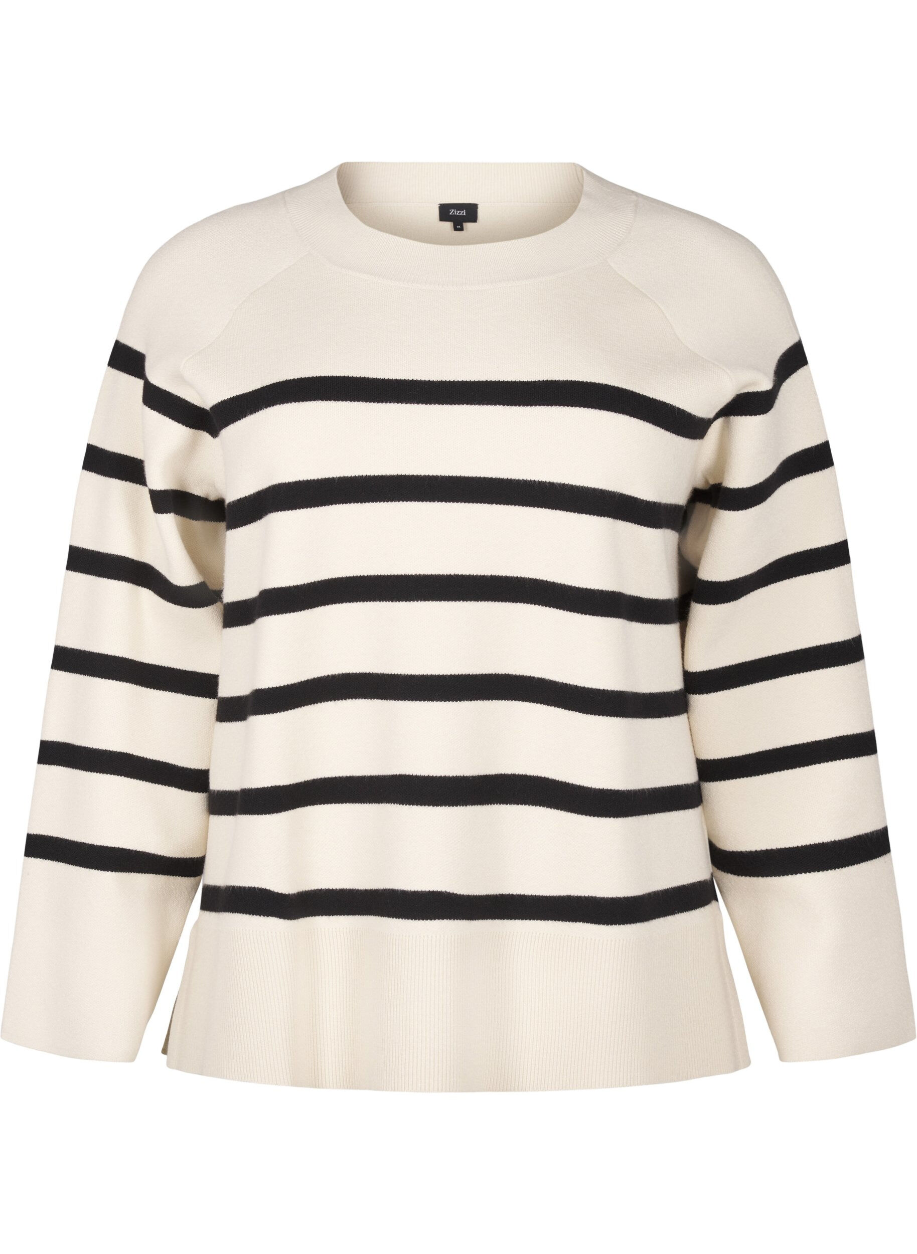 Zizzi Strikket bluse med rund hals og striper, Birch w. Black, Packshot image number 0