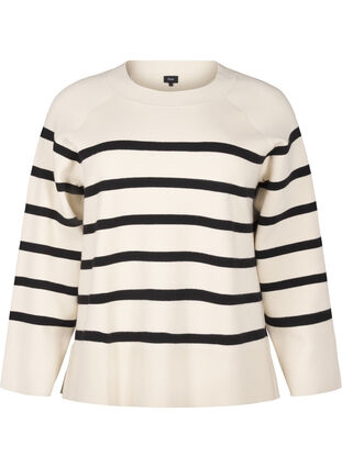 Zizzi Strikket bluse med rund hals og striper, Birch w. Black, Packshot image number 0