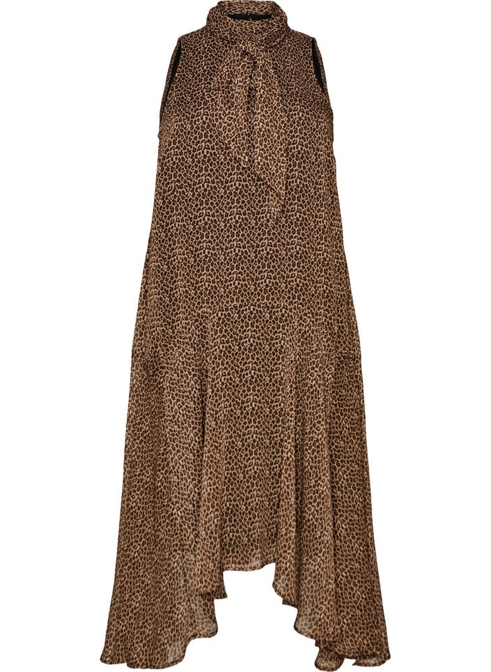 Midikjole i chiffon med leopardtrykk og et knytebelte, Brun, Packshot image number 0