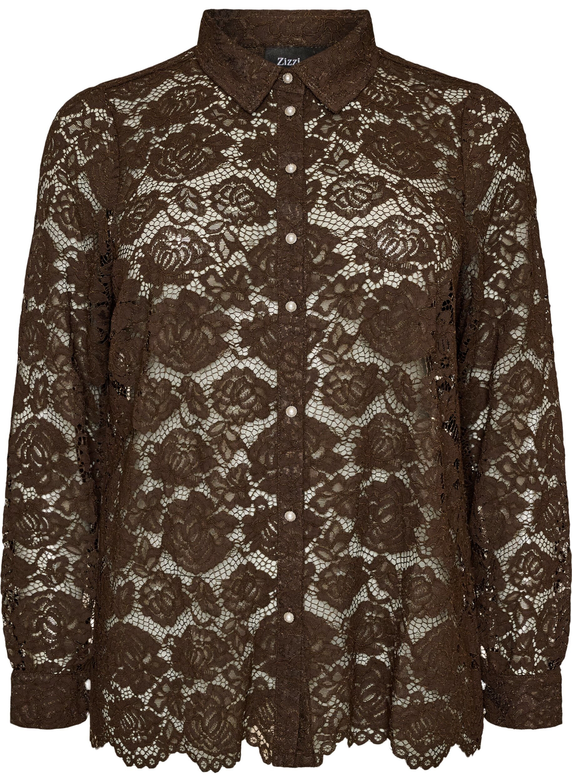 ZizziSkjorte i blonder med perleknapper, Brun, Packshot image number 0