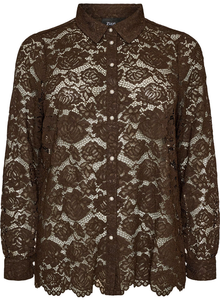 Skjorte i blonder med perleknapper, Brun, Packshot image number 0