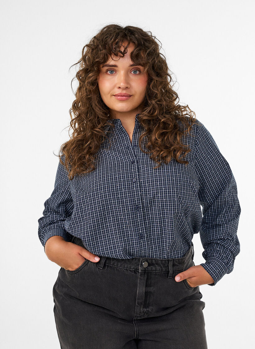 Rutete skjorte med rhinesteiner, Bl&aring;, Model image number 0
