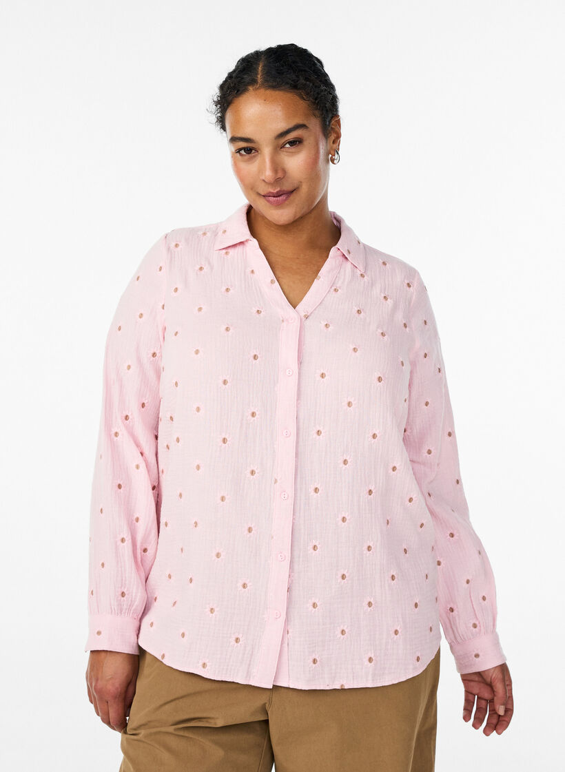 Langermet bluse i bomullsmusselin med broderte motiver, Rosa, Model image number 0