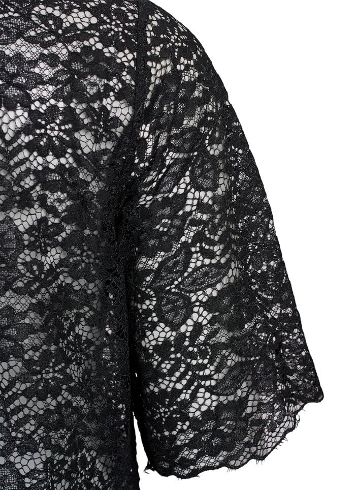 Bluse med blonder, korte ermer og rund hals, Black, Packshot