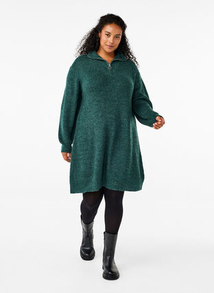 Zizzi FLASH - Strikket kjole med høy hals, Sea Moss Mel., Model image number 2