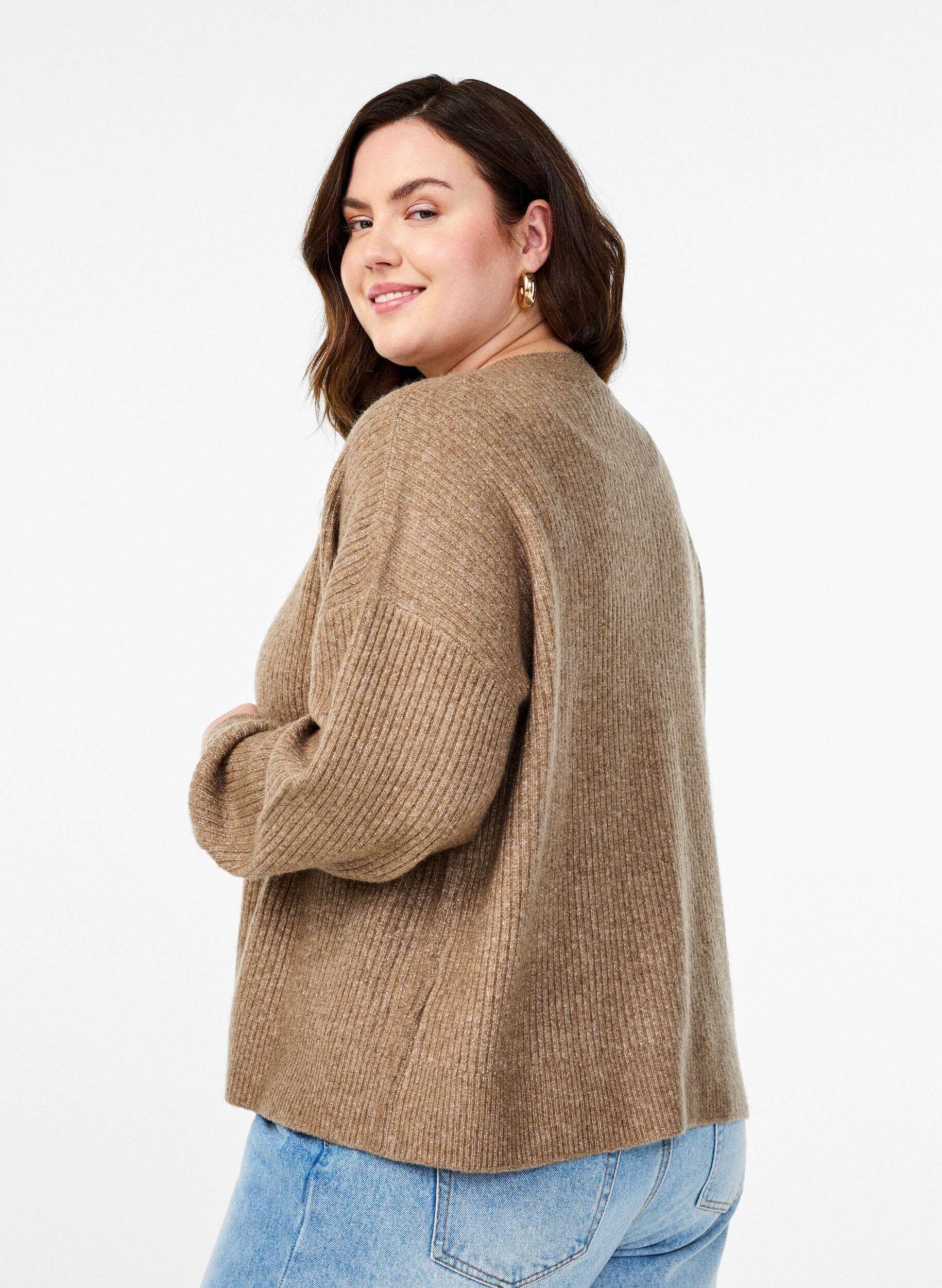 ZizziRibbestrikket cardigan med knapper, Brun, Model image number 2