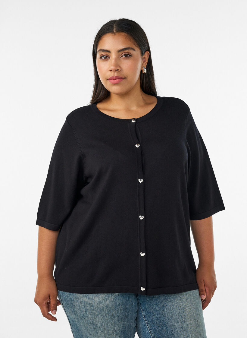 Strikket cardigan med hjerteknapper og korte ermer, Svart, Model image number 0