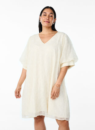 Zizzi Kort festkjole med paljetter, Vanilje, Model image number 1