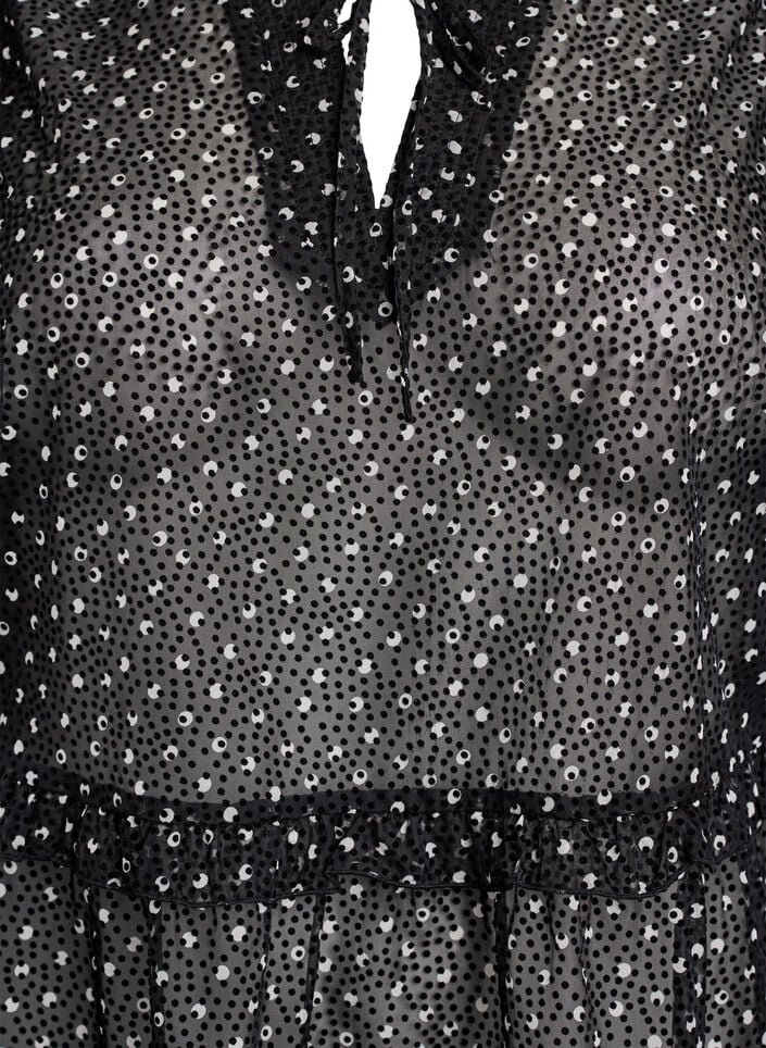 Chiffonbluse med volangdetaljer og små prikker, Svart, Packshot image number 2