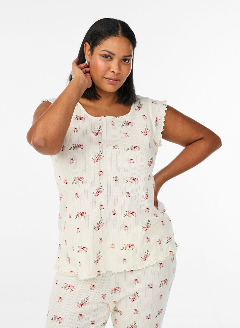 Pyjamatopp i &oslash;kologisk bomull med cap-ermer, 9990, Model image number 0