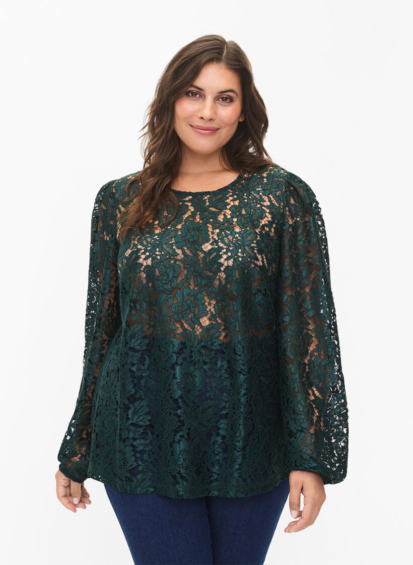 FLASH – Bluse med lange ermer og blonder, Scarab, Model image number 0