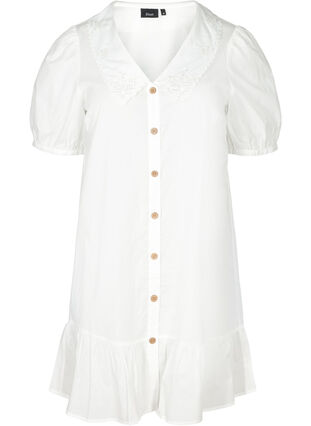 Skjortekjole i bomull med ballongermer, Bright White, Packshot image number 0