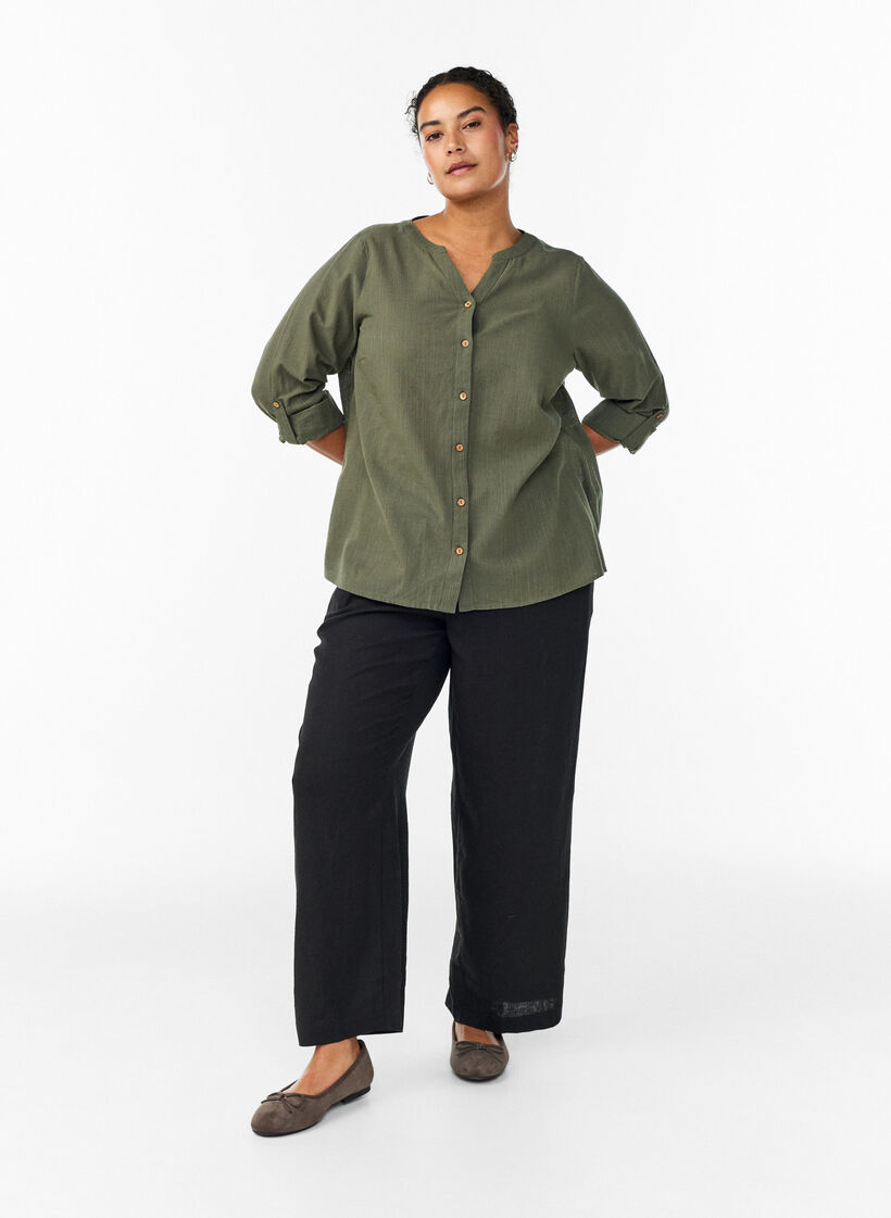 Bluse i bomull med V-hals, Gr&oslash;nn, Model image number 1