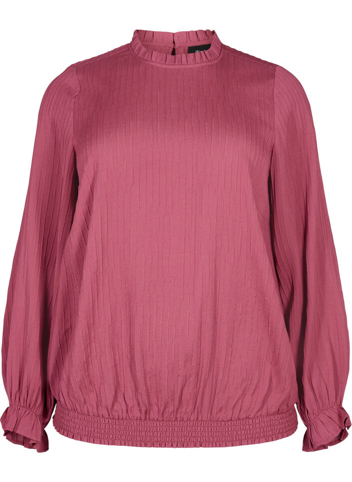 Smockbluse med volanger og tekstur, Dry Rose, Packshot image number 0