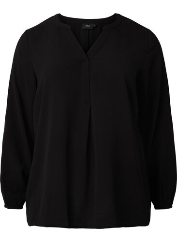 Ensfarget bluse med V-hals, Black, Packshot image number 0