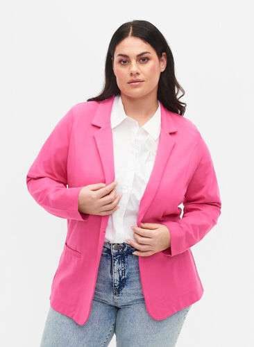 Enkel blazer med knapp og pyntelommer, Shocking Pink, Model image number 0