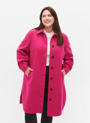 Lang skjortejakke i bouclé-look, Fuchsia Red, Model image number 0