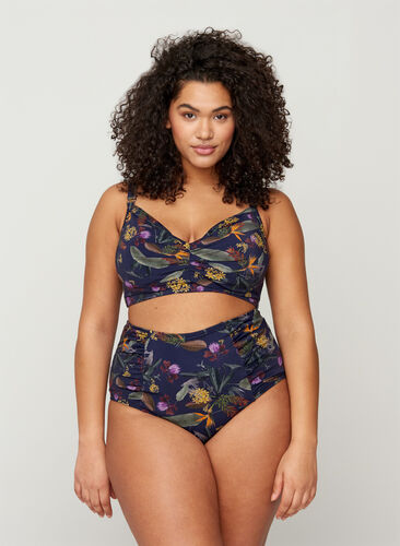 Zizzi Bikinitruse med blomstermønster og høyt liv, Night Sky Flower, Model image number 1