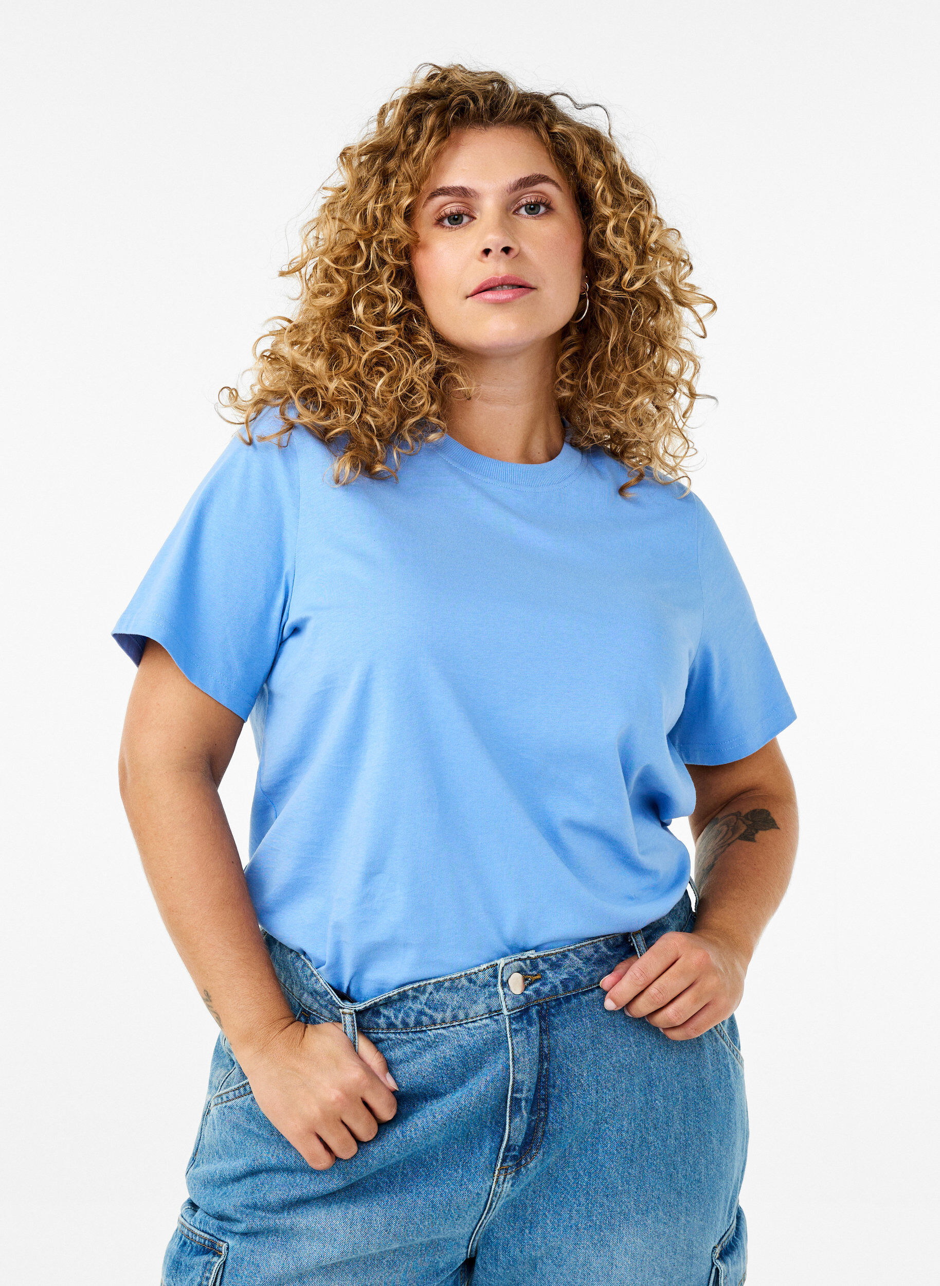 ZizziBasic T-skjorte i bomull med rund hals, Bl&aring;, Model image number 0
