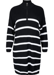 Stripete strikkekjole med glidelås, Black w.Cloud Dancer