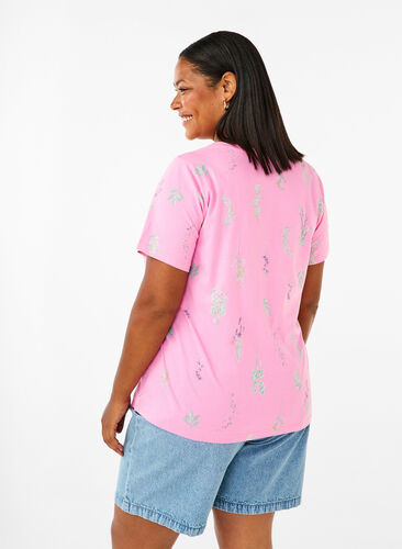 Zizzi T-skjorte i økologisk bomull med blomstertrykk, Rosebloom W. Flower, Model image number 1