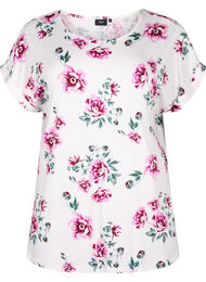 Blomstret bluse i viskose med korte ermer, White Pink AOP