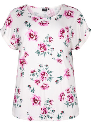 Blomstret bluse i viskose med korte ermer, White Pink AOP, Packshot image number 0