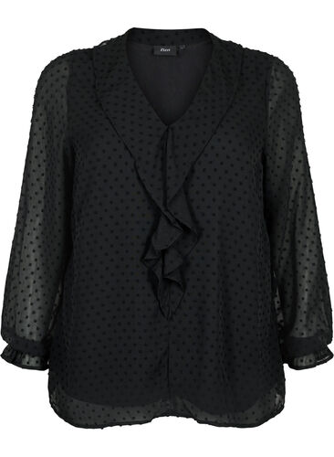 Bluse med volanger og prikkete tekstur, Black, Packshot image number 0