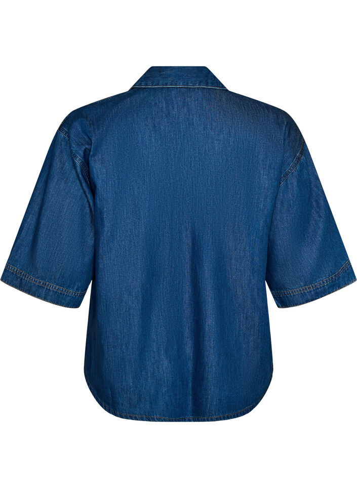 Denimbluse med brystlomme og albuelange ermer, Bl&aring;, Packshot image number 1