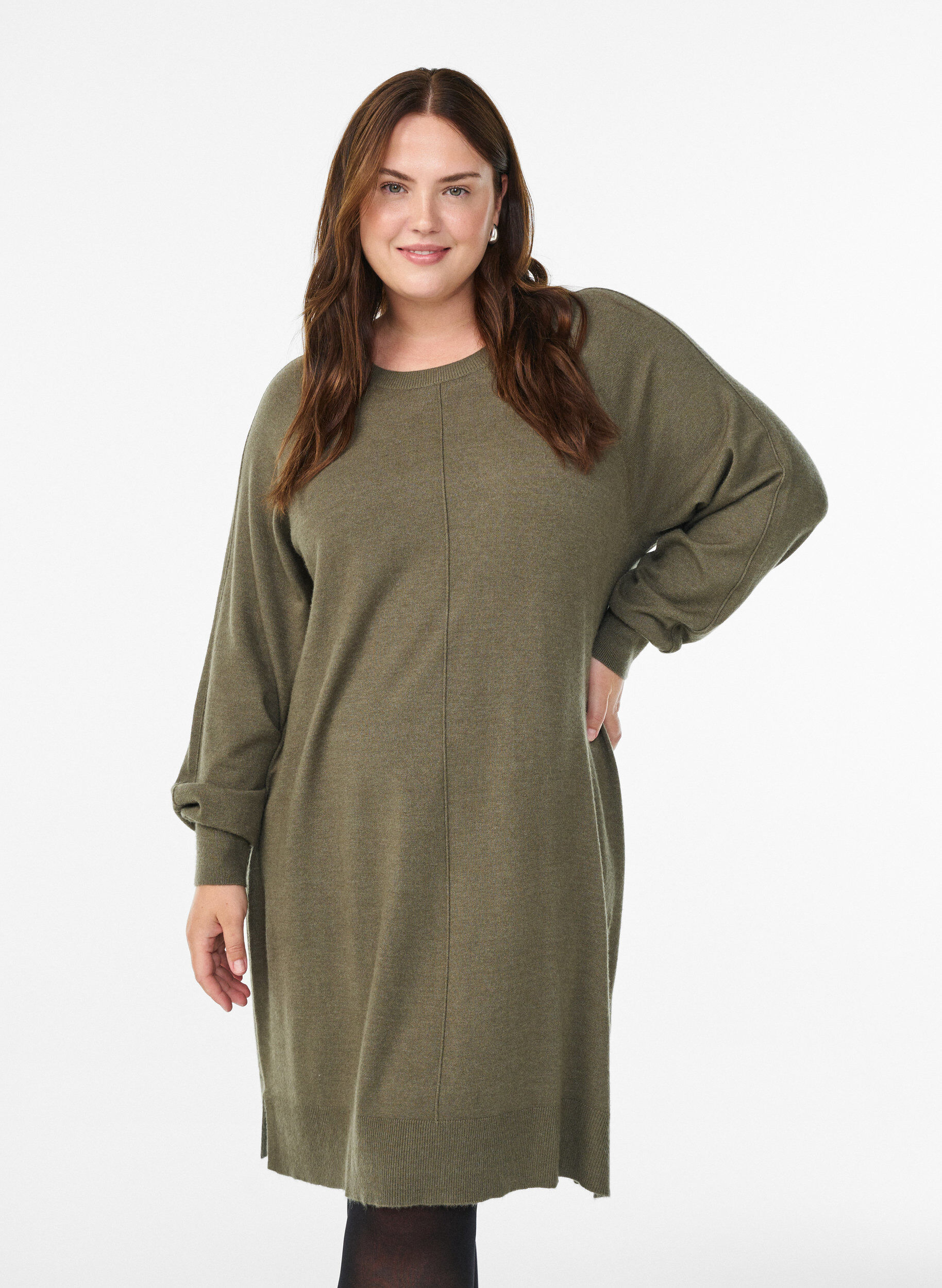 ZizziKort strikkekjole med raglanermer og en midts&oslash;m, Gr&oslash;nn, Model image number 0