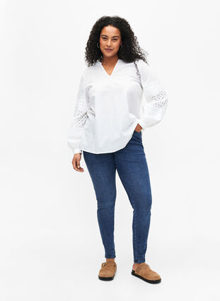 Bluse med lange ermer og dekorative detaljer, Bright White, Model image number 4