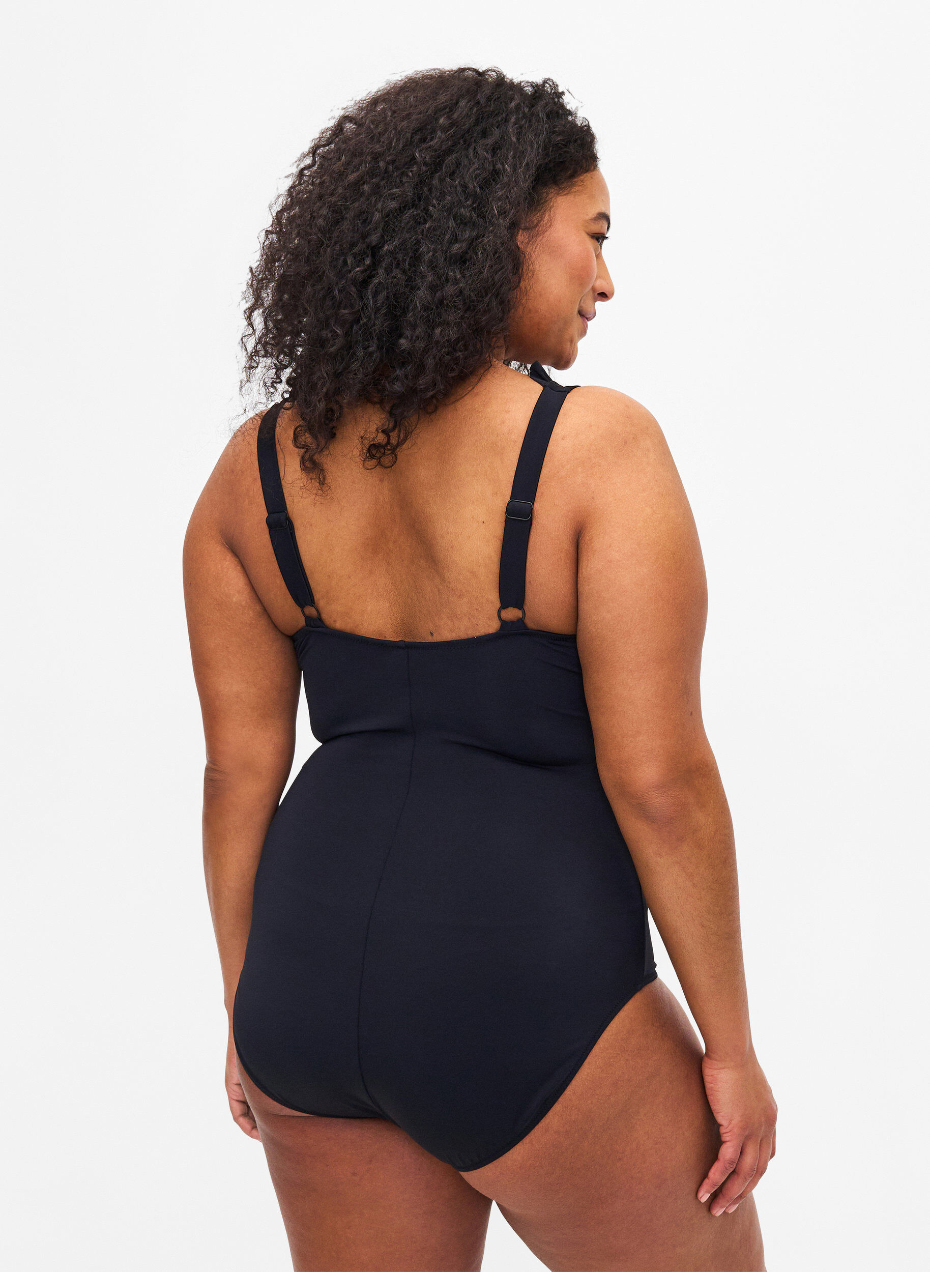 Zizzi Badedrakt med V-hals og volanger, Black, Model image number 1