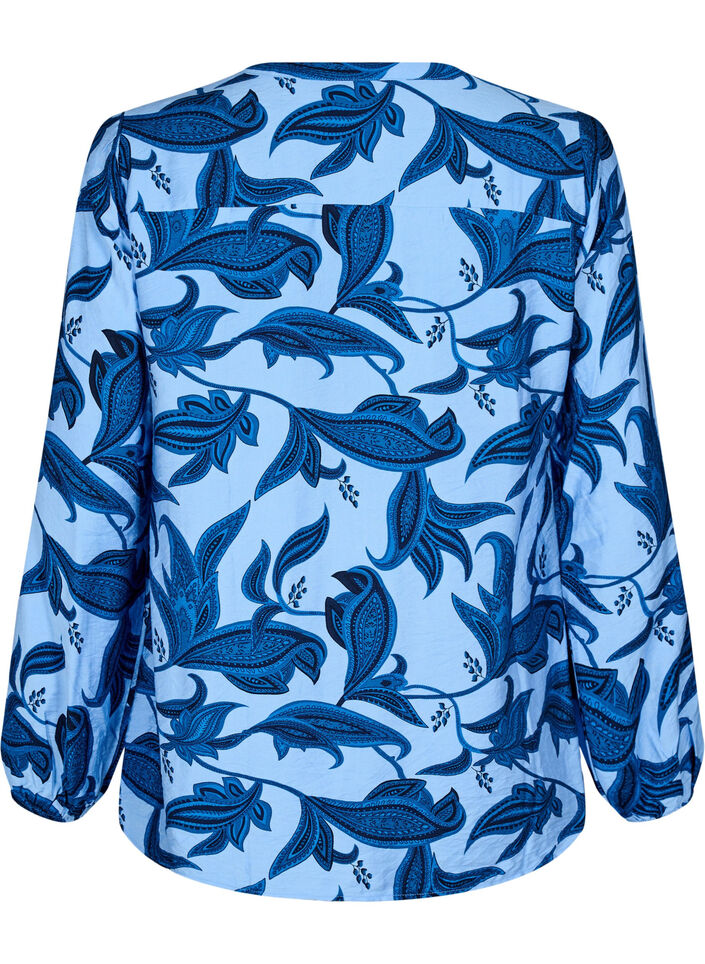 Langermet bluse med paisleymønster og v-hals, Blue Paisley AOP, Packshot image number 1