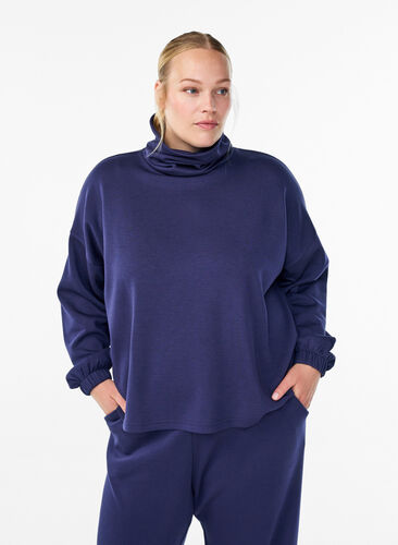 Zizzi Bluse i modalblandet kvalitet med halvpolo, Blå, Model image number 0