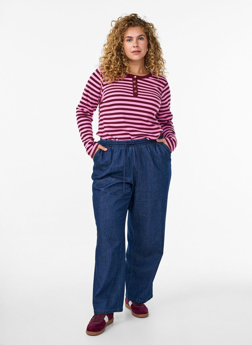 Stripete jerseybluse med ribbet tekstur, Rosa, Model image number 1