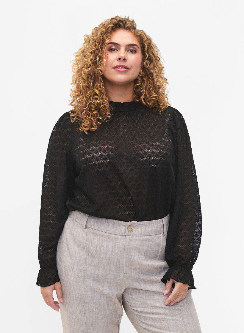 Bluse med lange ermer og mønstret tekstur, Black, Model image number 0