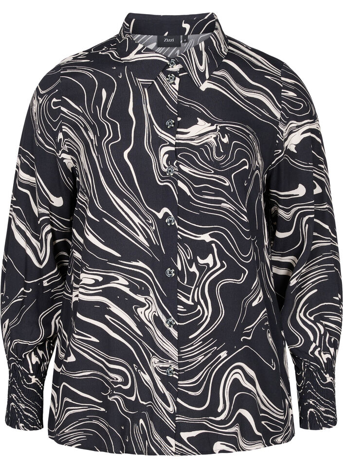 Langermet viskoseskjorte med mønster, Black Swirl AOP, Packshot image number 0