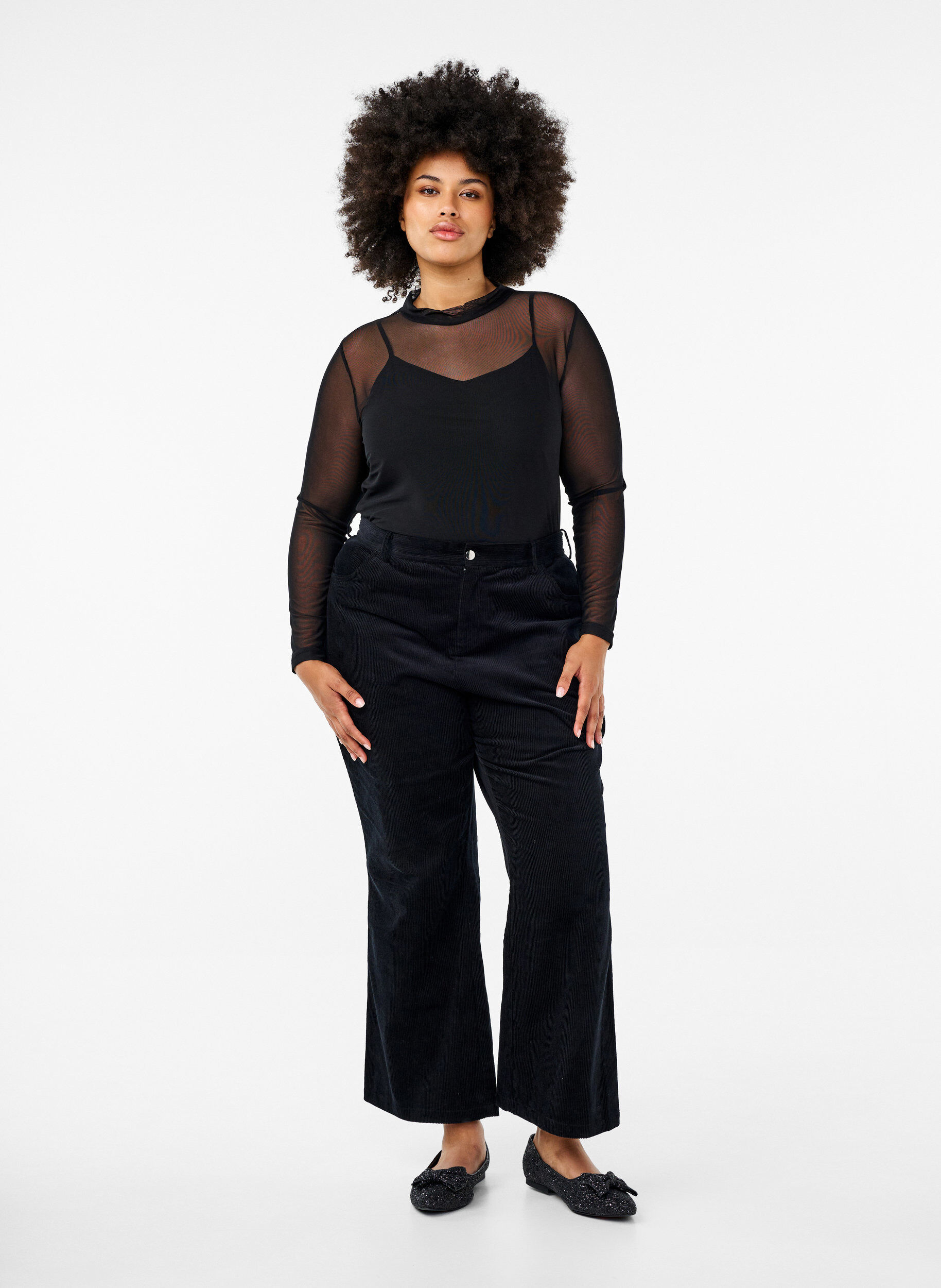 ZizziTett sittende meshbluse med lange ermer, Svart, Model image number 1