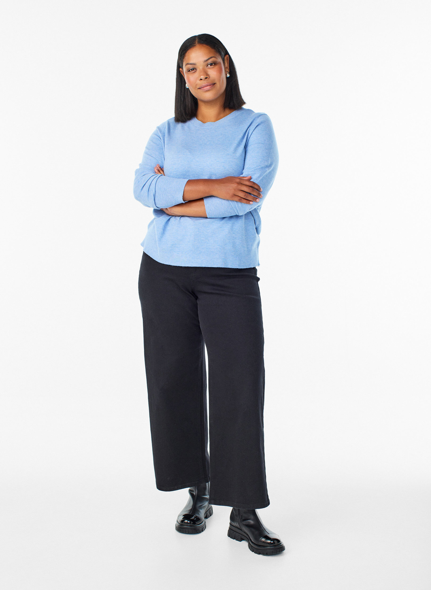 ZizziStrikket bluse med rund hals, Bl&aring;, Model image number 1