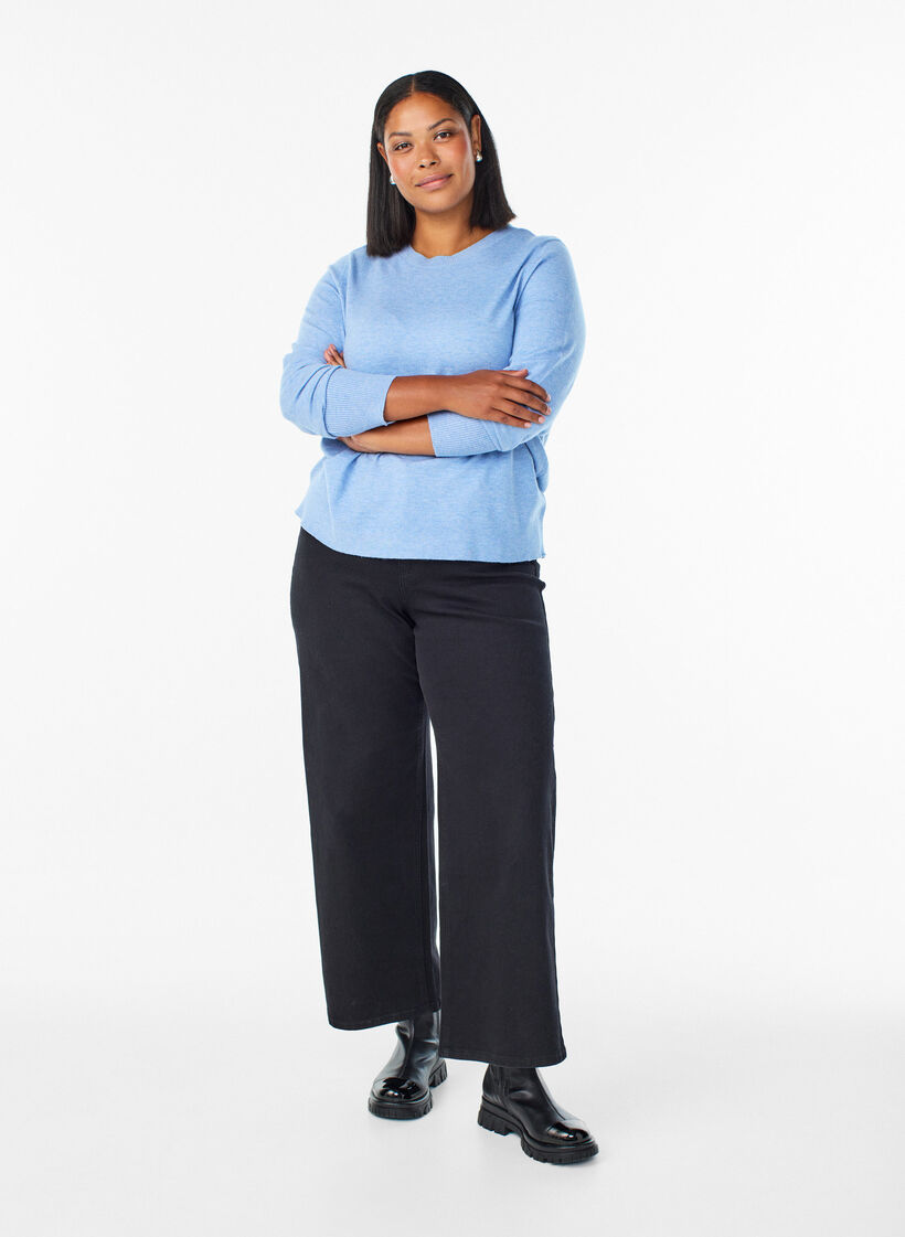 Strikket bluse med rund hals, Bl&aring;, Model image number 1