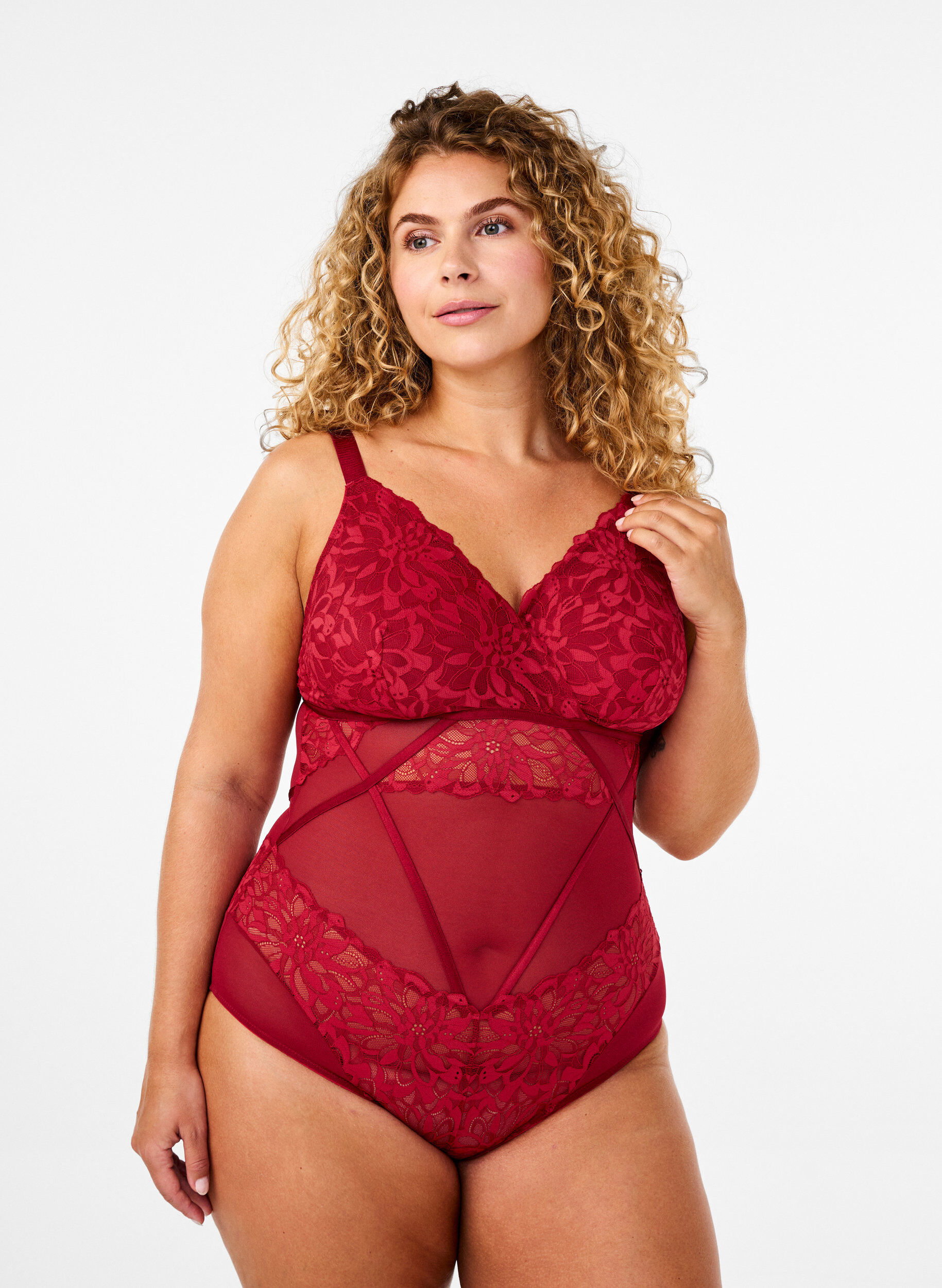 Zizzi Blondebody med mesh, Rhythmic Red, Model image number 0