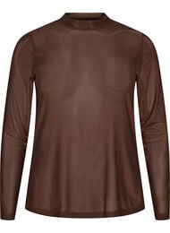 Tett sittende meshbluse med lange ermer, Brun
