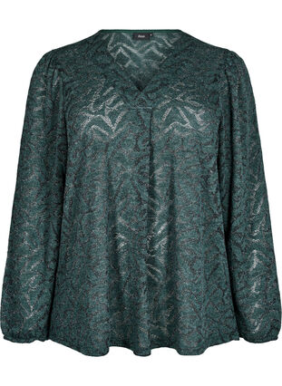 Zizzi Langermet bluse med glitter og mønster, Grønn, Packshot image number 0