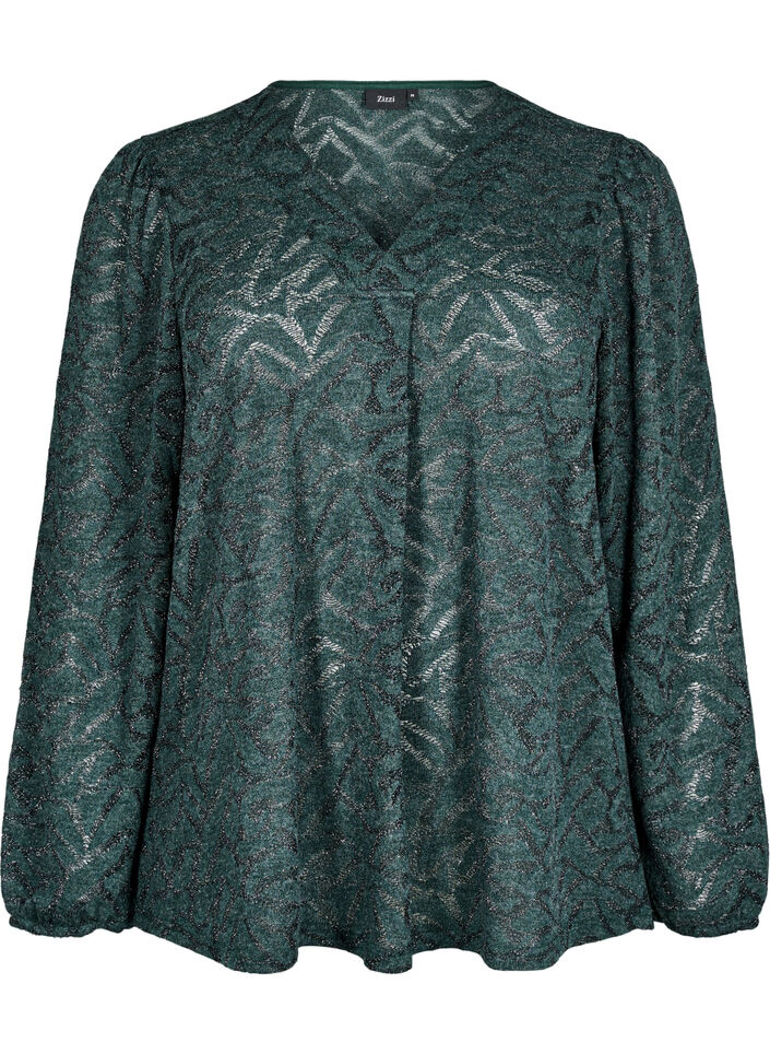 Langermet bluse med glitter og mønster, Grønn, Packshot image number 0