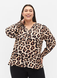 Mønstrete bluse i viskose med smock, Leo AOP, Model
