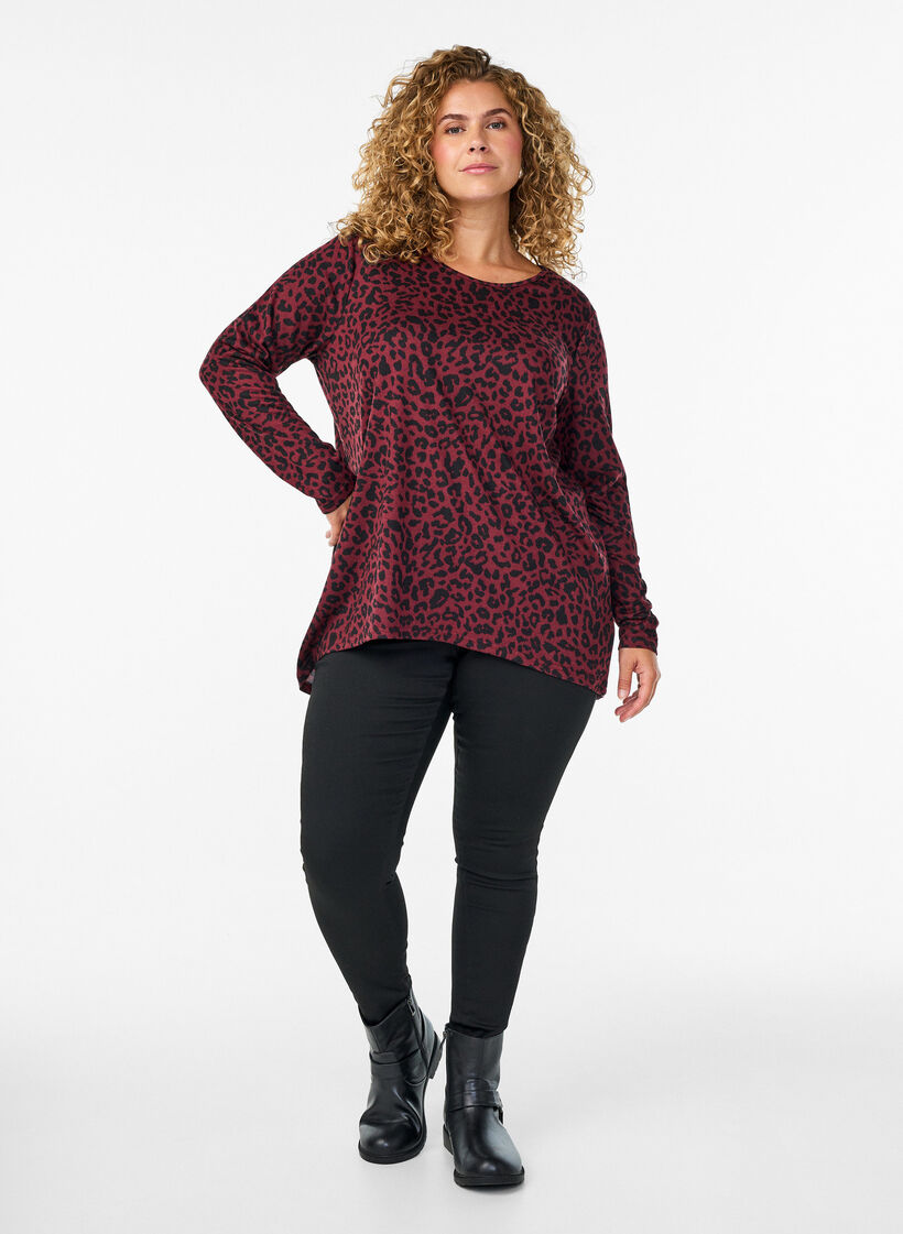 Leopardmønstret bluse med lange ermer, Mørk Bordeaux, Model image number 1