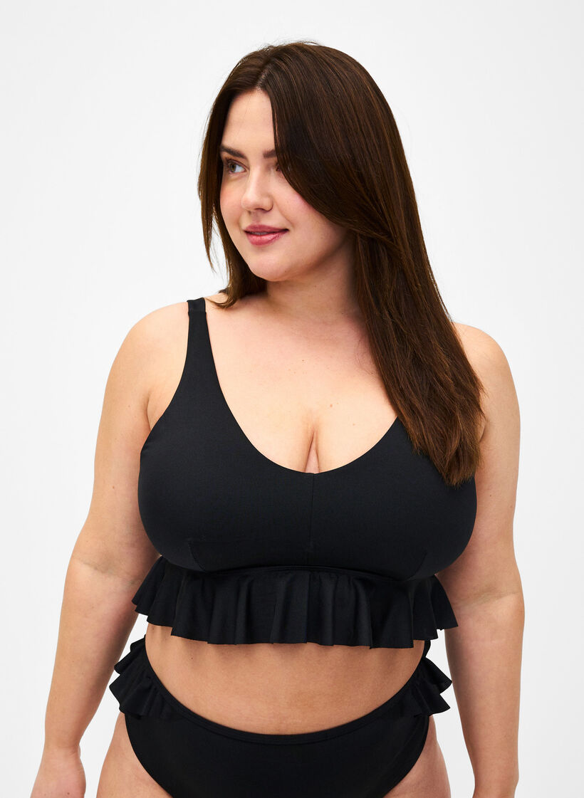 Bikinioverdel med avtagbare pads og volangkant, Svart, Model image number 0