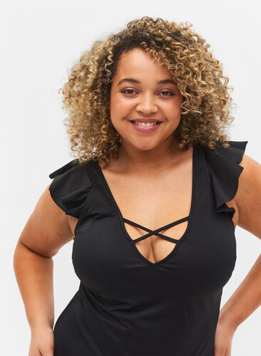 Badedrakt med volangeermer, Black, Model image number 2